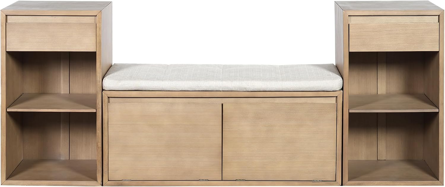 Merax Shoe Storage Bench with Cushion & Flip Compartments, All-in-One Entryway Bench with Drawers and Open Shelves, Solid Wood Storage Bench for Mudroom Hallway Living Room, Rustic Brown
