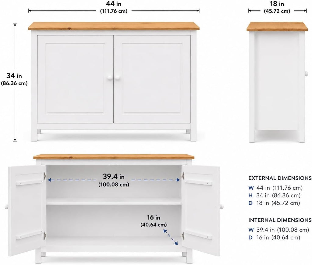 From the Tree Furniture 44" Wide White & Pine Top Solid Pine Shaker Sideboard Buffet Cabinet — 2 Doors Adjustable Shelf — No Drawer · Anti-Tip Included — Two-Tone Farmhouse Finish