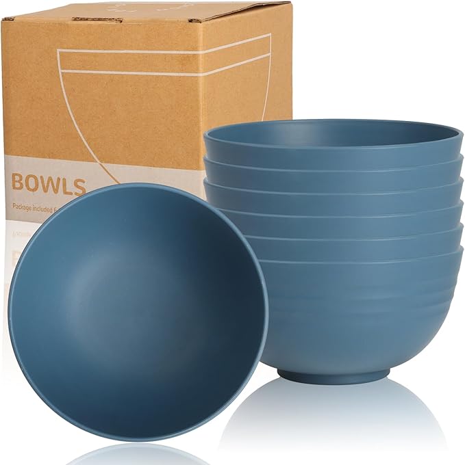 6-piece Wheat Straw Bowls sets 26oz,Alternative Plastic Bowls Reusable for indoors and outdoors,Microwave-able and Dishwasher Safe Bowls Sets Easy to Clean.Blue Series
