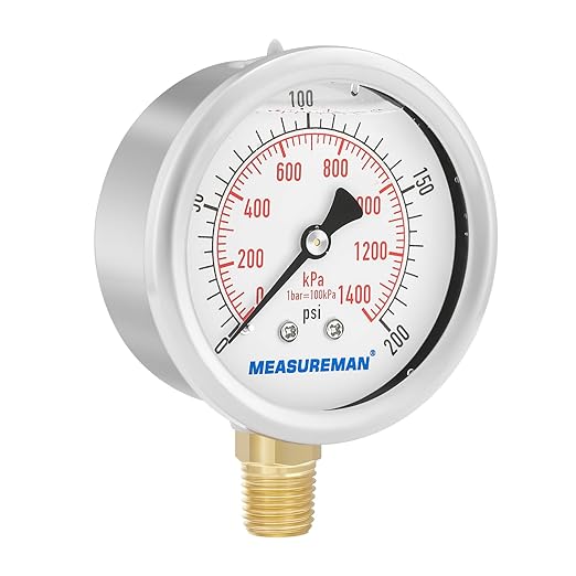 MEASUREMAN 2-1/2inch Dial Size, Liquid Filled Pressure Gauge, 0-200psi/kpa, 304 Stainless Steel Case, 1/4 inchNPT Lower Mount
