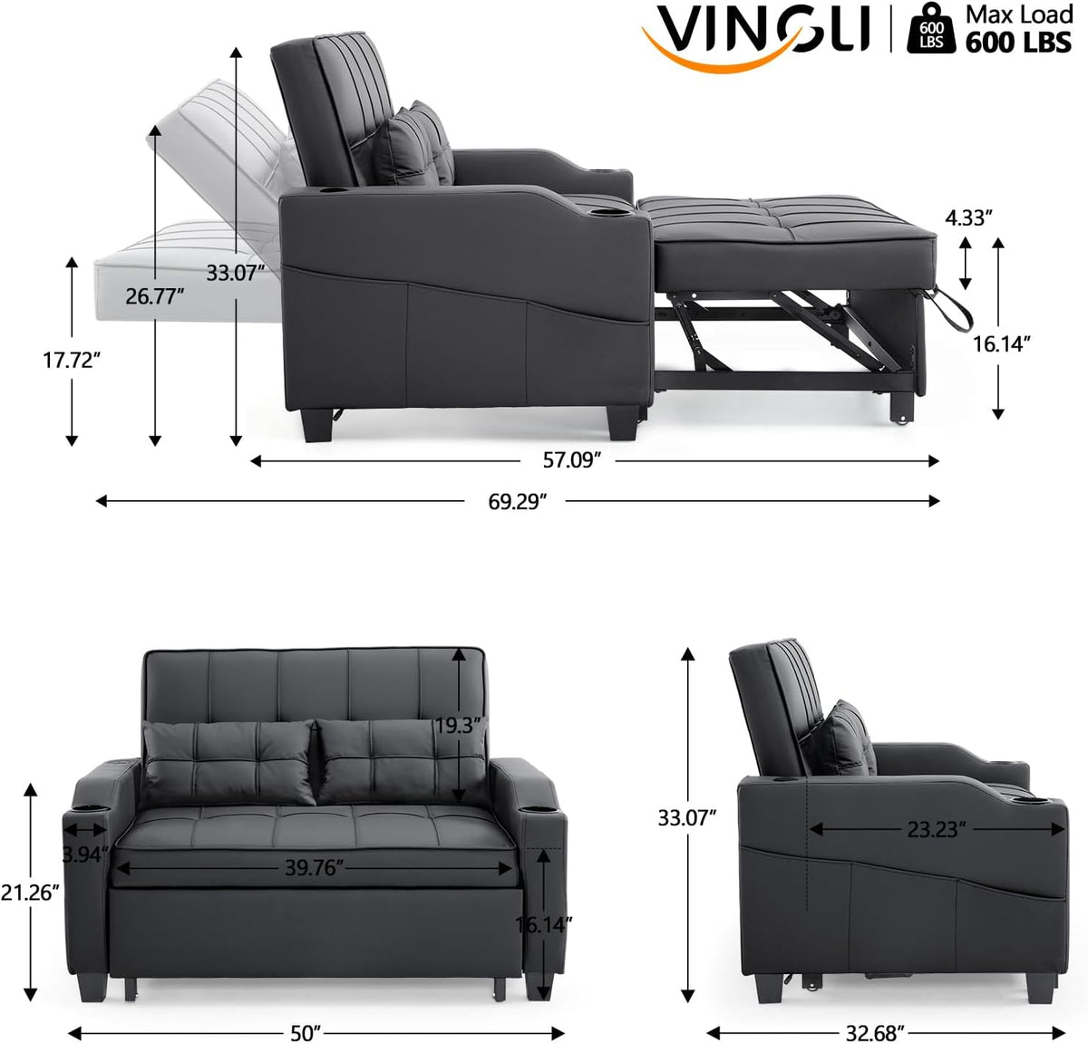 VINGLI Convertible Loveseat Sleeper Sofa Bed, Pullout Couch for Living Room | Black Futon Sofa Bed, Faux Leather Pull-Out Couch Bed with USB Ports, Cup Holders for Small Space, Apartment, Office