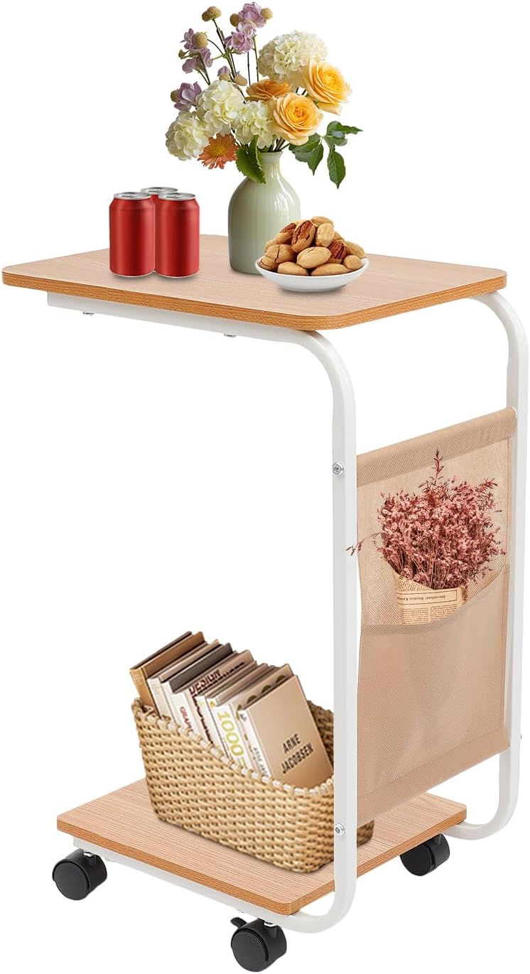 C-Shaped Side Table w/Wheels, C-Shaped Coffee Table, Bedside Side Table, Couch Table, Couch Tray Tables, Small End Table for Small Spaces, Living Room, Bedroom (White, Wood Color)