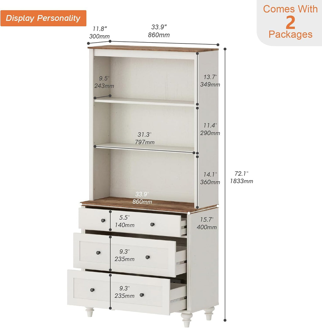 WAMPAT Farmhouse Pantry Cabinet with Storage, Wide Dining Hutch with 3 Wooden Drawers and Adjustable Shleves for Home Decor, Kitchen, Living Room Bedroom, Home Office, White