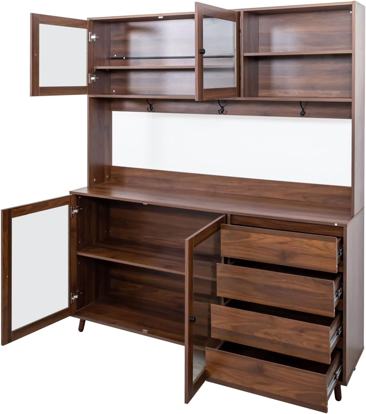 Dancongtea 63" Wide Large Kitchen Hutch Cabinet – Freestanding Pantry Storage with 4 Doors, 4 Drawers & Microwave Shelf – Walnut Finish for Kitchen, Dining Room, Pantry Organization