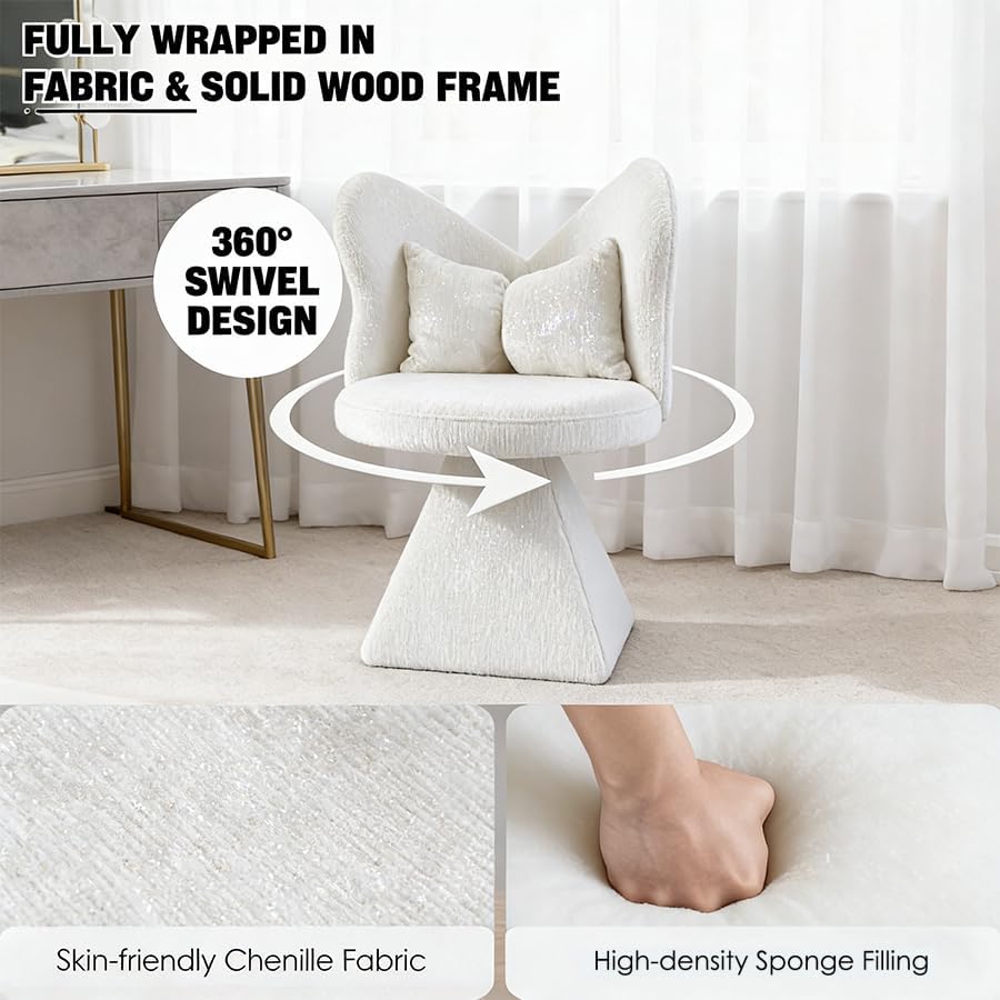 Bedroom Living Room Butterfly Back Chenille Velvet Vanity Stool, Triangular Solid Base 300LBS Heavy-Duty, 360° Swivel Accent Chair for Dressing Table & Dining Space, White