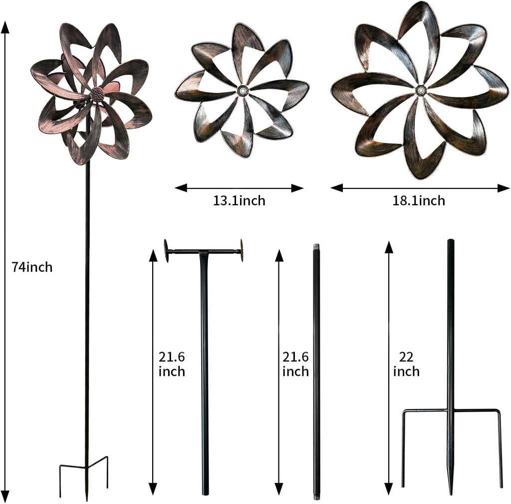 GUAGUA Classical Metal Wind Spinner Outdoor, 360 Degrees Swivel Wind Spinners for Yard and Garden, 74 in Wind Sculptures Willow Leaves Patio Decor (Bronze)
