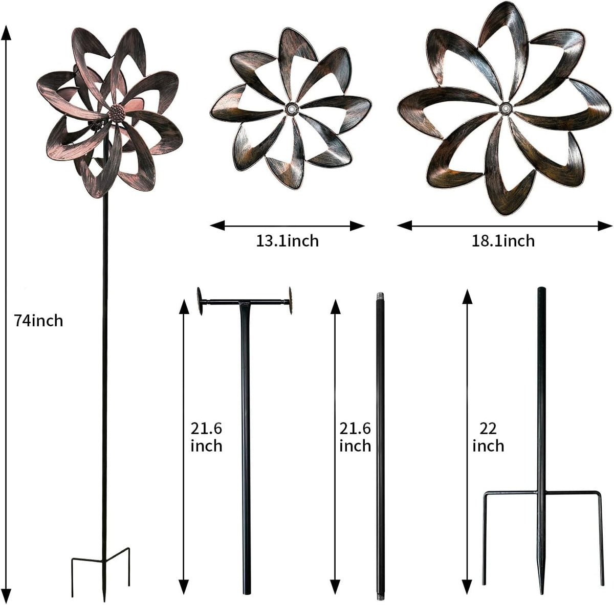 GUAGUA Classical Metal Wind Spinner Outdoor, 360 Degrees Swivel Wind Spinners for Yard and Garden, 74 in Wind Sculptures Willow Leaves Patio Decor (Bronze)