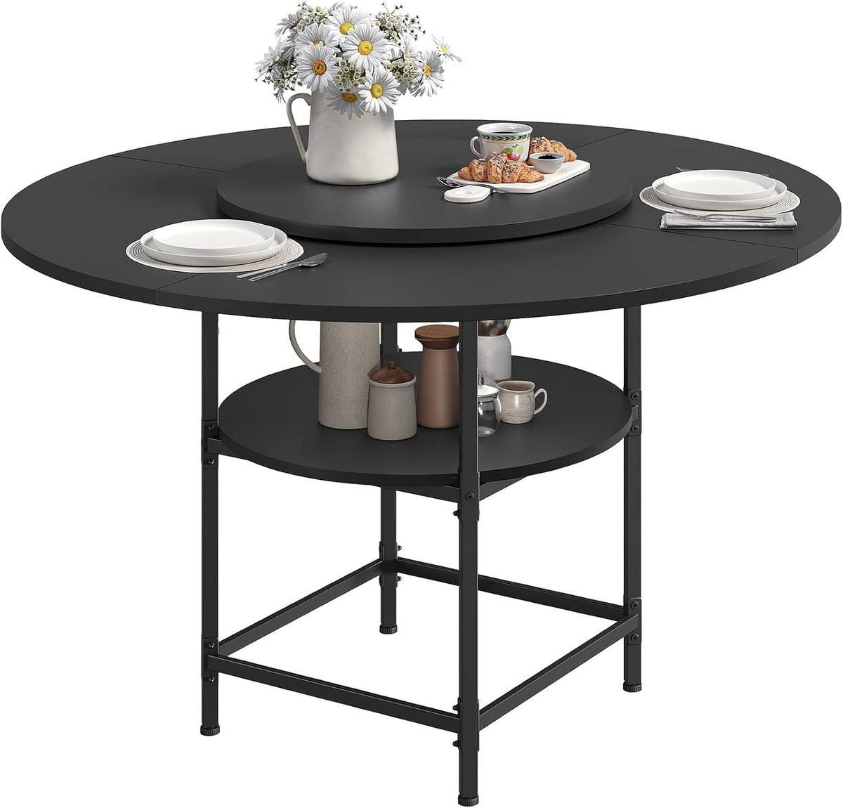 MAHANCRIS Round Dining Table for 4, Dinner Table with Storage Shelf, 47.2'' Dining Room Table, Circle Tables, Farmhouse Wood Kitchen Tables for Dining Room Living Room, Black DTBK12001