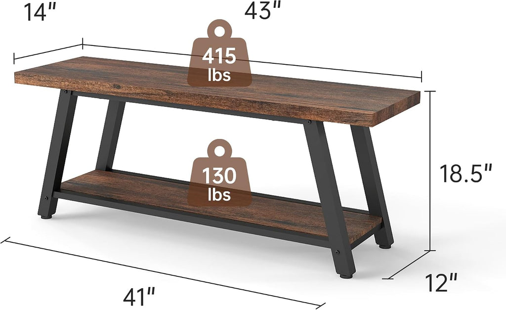43" Wood Long Modern Farmhouse Entryway Bench, Wood Bedroom End of BedBench, Vintage Mid Century Rustic Style, Perfect for Mudroom, Storage, Living Room, Kitchen Rustic Brown and Black