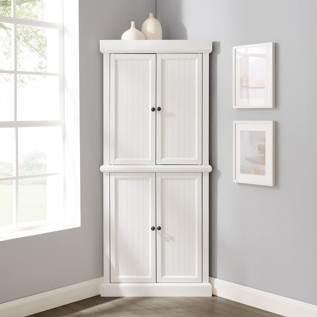 Maykoosh Tall Corner Pantry Cabinet - Modern Kitchen Storage, 2 Stackable Pantries, White, Space Saving
