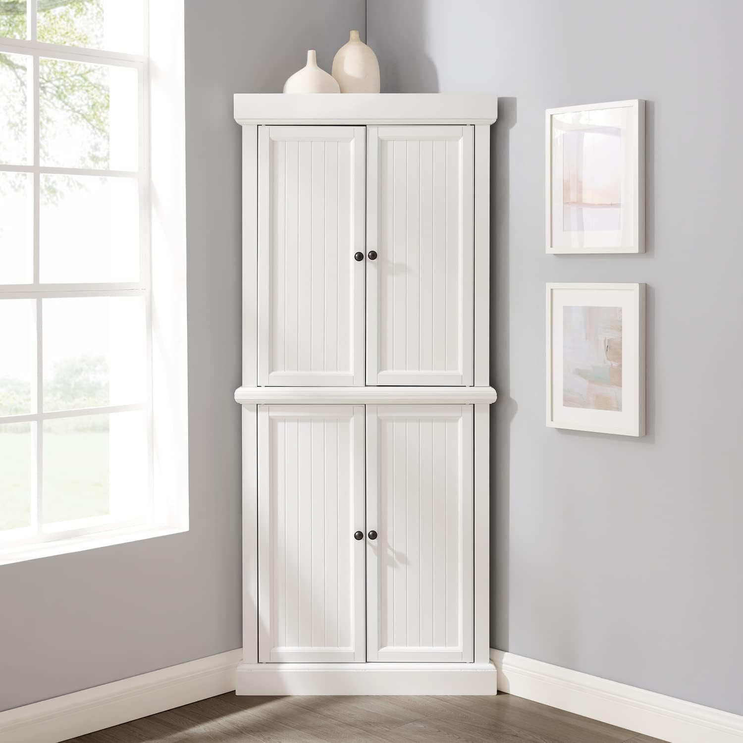 Maykoosh Tall Corner Pantry Cabinet - Modern Kitchen Storage, 2 Stackable Pantries, White, Space Saving