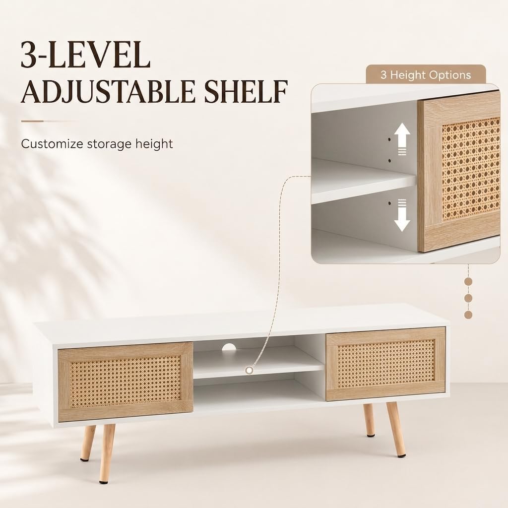Boho Coffee Table & TV Stand Set of 2, Sliding Door Storage, Natural | Boho Entertainment Center Sturdy Frame, Natural TV Console Coffee Table with Sliding Door, Living Room Storage, Easy Assembly