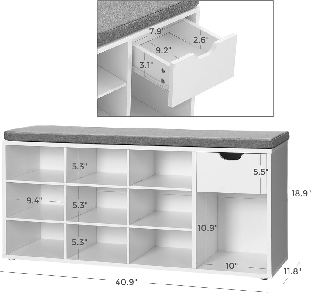 VASAGLE Shoe Bench with Cushion, Storage Bench, 10 Compartments | Entryway Bench with Padded Seat, for Bedroom, Closet, White and Gray, CUSTOS Collection ULHS024W01