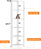 Furnulem 6 Tier Corner Shelf with LED Light, 67.5" White Narrow Bookshelf | Tall Standing Shelf Organizer, Storage Rack for Wall Corner, Living Room, Bedroom, Metal Frame, Wood Display Shelf