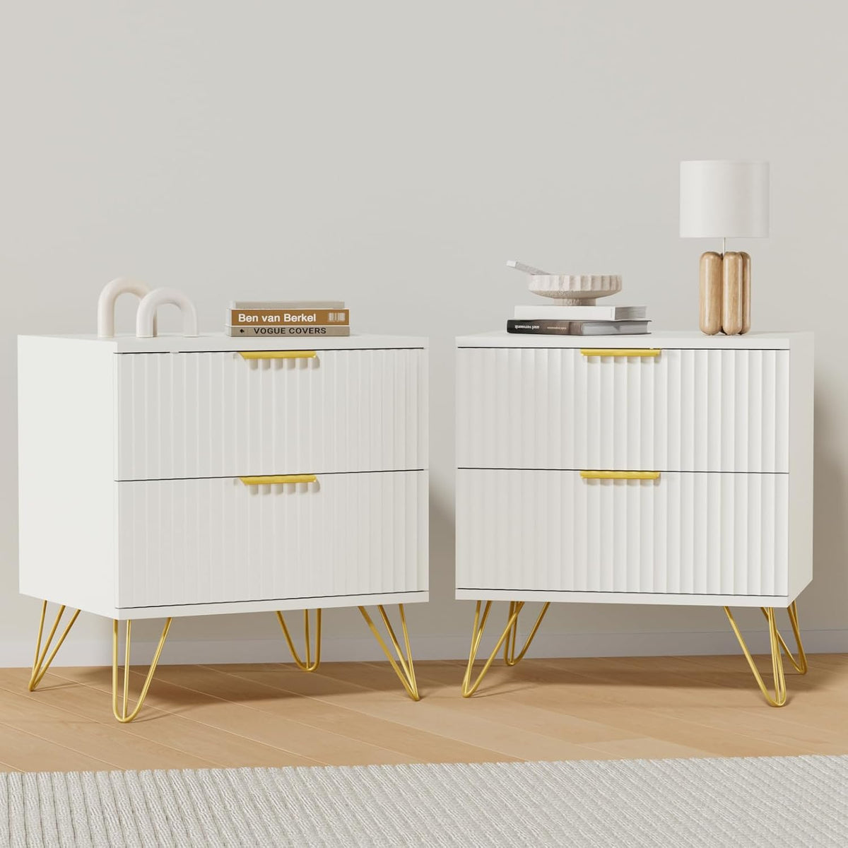 White Nightstand Set of 2, Modern Night Stand Bedside Table with 2 Storage Drawer, Bed Side End Table with Golden Handles and Legs for Bedroom, White