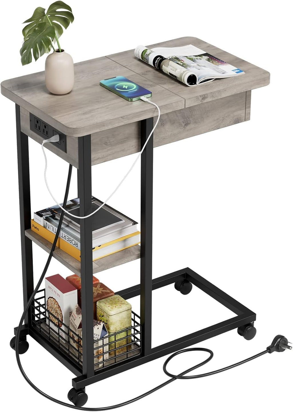TrailBlaze C-Shaped Side Table with Charging Station, Flip Top End Table with USB Ports and Outlets, Narrow Side Table with 3 Tier Storage Shelf, C Table for Small Spaces, Bedroom, Living Room, Grey