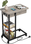 TrailBlaze C-Shaped Side Table with Charging Station, Flip Top End Table with USB Ports and Outlets, Narrow Side Table with 3 Tier Storage Shelf, C Table for Small Spaces, Bedroom, Living Room, Grey