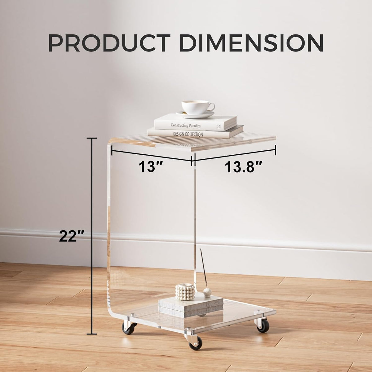 Acrylic C Table with Wheels, 2-Tier Mobile Side Table for Small Spaces, Sofa/Couch End Table, Clear Drink Table, Modern Laptop Stand for Living Room Bedroom, 13.8" L x 13" W x 22" H