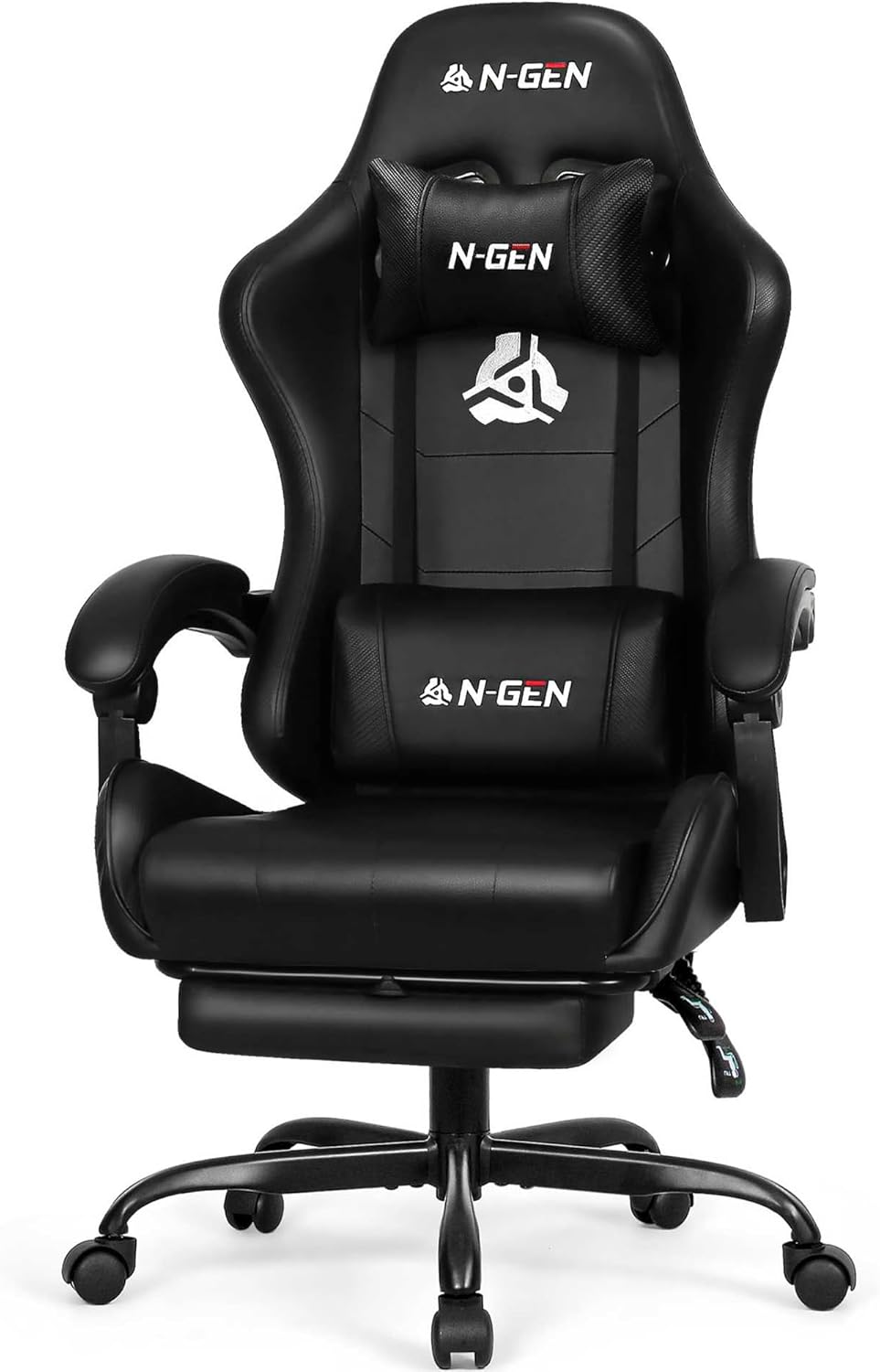 N-GEN GAMING Gaming Chair with Footrest, Lumbar, High-Back, Carbon Black | Reclining Backrest, Linkage Armrests, Durable PU Leather, Adjustable Comfort for Extended Computer, Desk, or Home Office Use