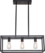 Farmhouse Rectangle Chandeliers for Dining Rooms, Modern Linear Hanging Light Fixture Matte Black 3-Light Industrial Pendant Lighting for Kitchen Island