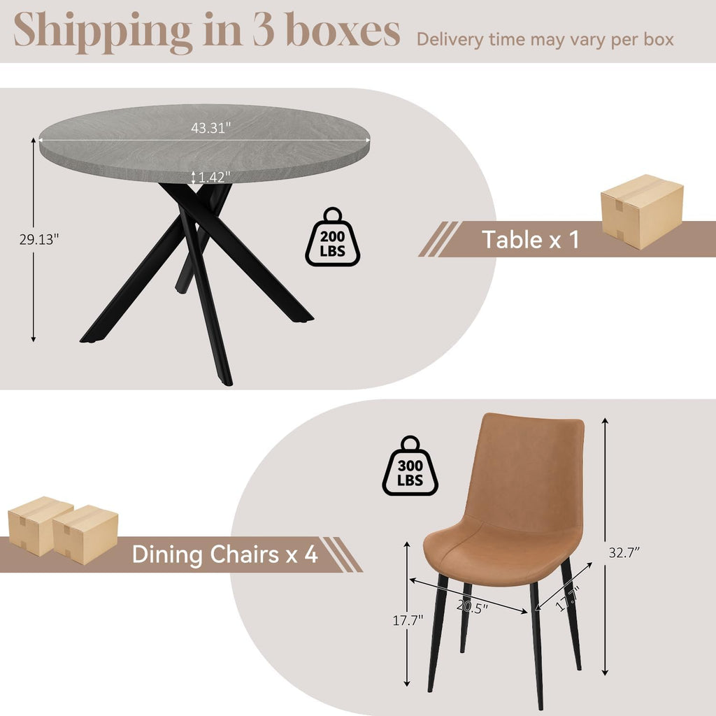 44" Round Dining Table with Chair Set for 4, Modern Mid-Century Dining Table Set of 4, Cozy Dinette Sets with Metal Leg for Kitchen Dining Room Apartment(Gray Table + Brown Chairs) | Cushioned Minimalist Brown Chairs of 4, Mid-Century Grey Tabletop