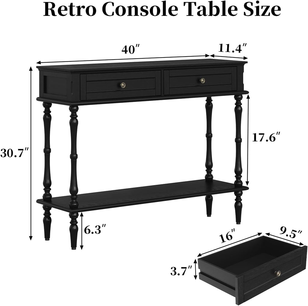 ARTPOWER Console Table for Entryway with 2 Drawers, 10 mins Assembly, Black | Solid Wood Veneer Entry Table, Behind Couch Sofa Table with Open Storage Shelf for Living Room, Foyer, Hallway