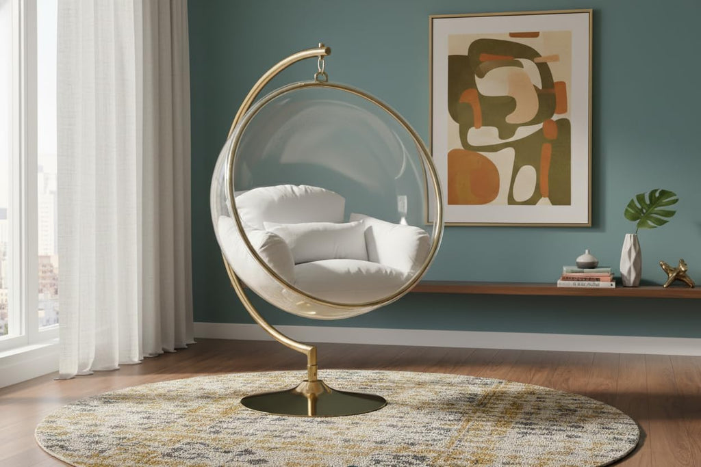 Meridian Furniture Luna Collection Modern | Contemporary Clear Acrylic Accent Swing Chair with Gold Metal Base and Durable Fabric Seat, 41.5" W x 29.5" D x 64" H, White