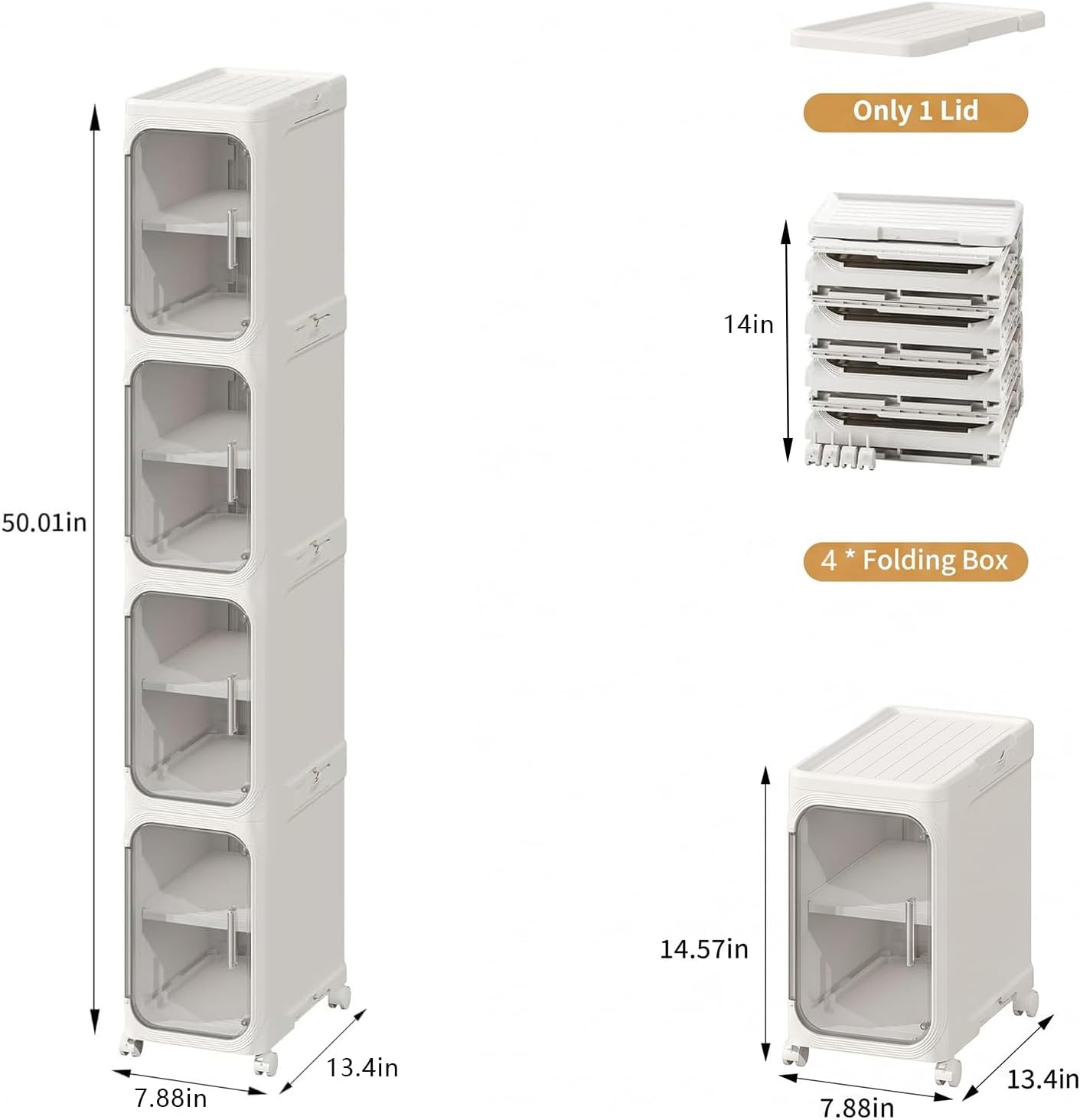 Narrow Slim Bathroom Storage Cabinet with Wheels, 4-Tier White | Tool Free Assembly, Adjustable Shelves, Fits for Narrow Spaces, Reinforced Stability, Magnetic Clear Door