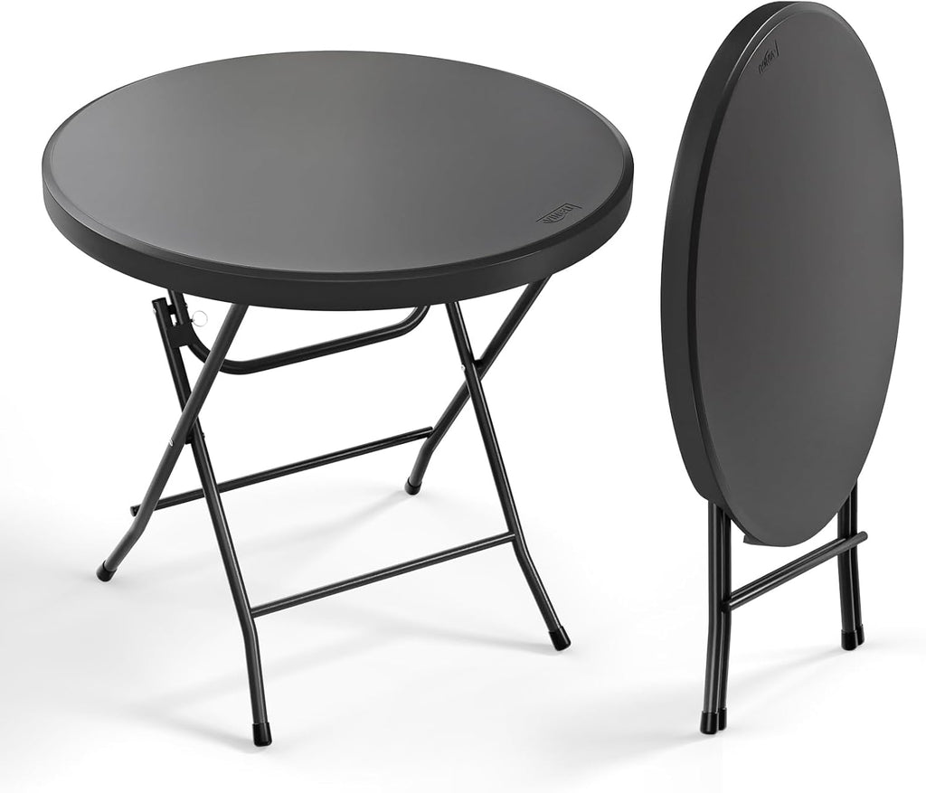 VINGLI 32" Round Folding Commercial Banquet Table, Portable Plastic Coffee Card Dining Table for Kitchen or Outdoor Party Wedding Event, 1 Pack, Black
