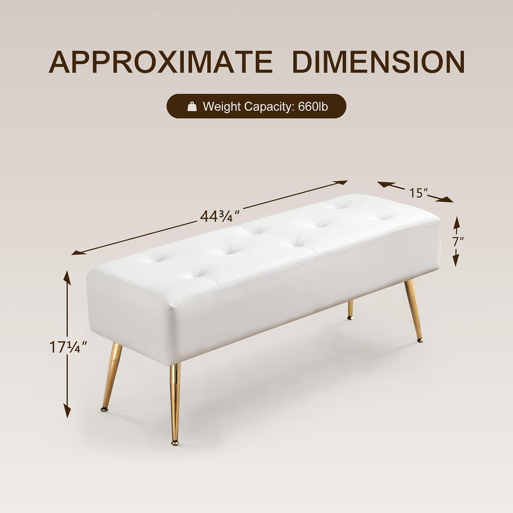 Furnimart Upholstered Tufted White Bench Ottoman with Padded Seat, Footrest Foot Stool with Sturdy Metal Leg, White Leather Bench for Bedroom Living Room Entryway