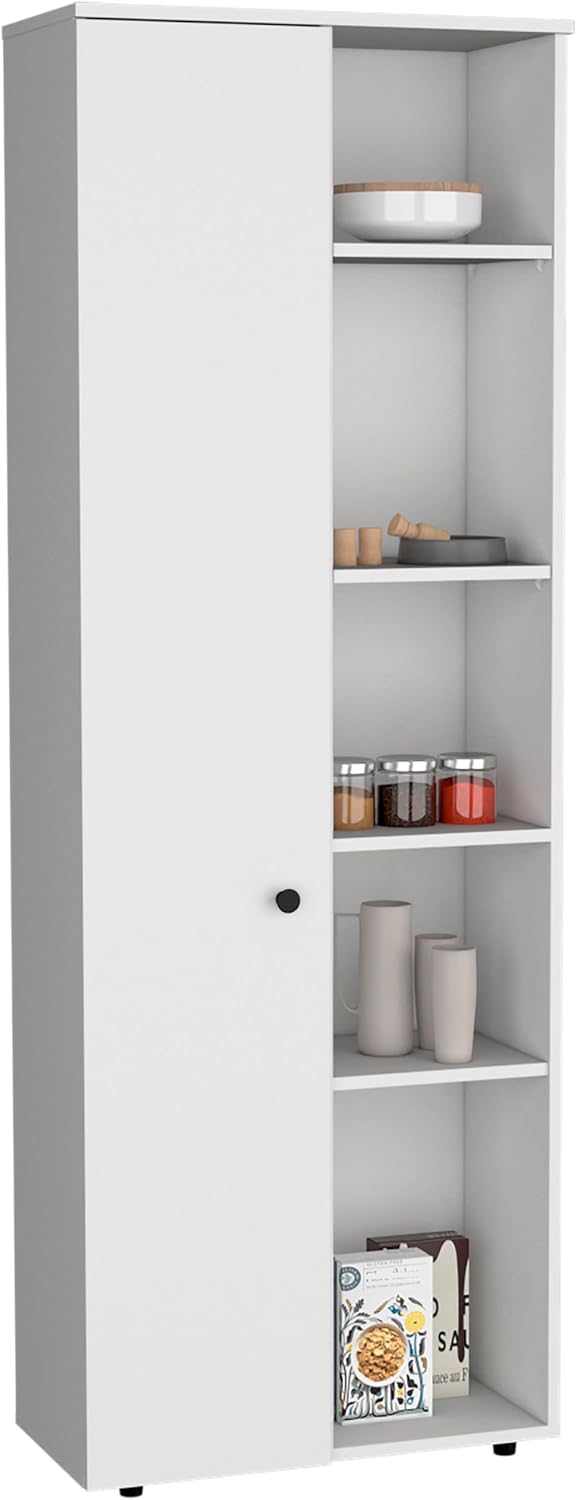 67" H Kitchen Storage Cabinet with One Door, Five Interior Shelves and Five Exterior Shelves,White