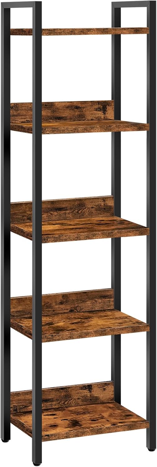 MAHANCRIS Bookshelf, 5-Tier Bookcase, Standing Book Shelf for Small Space, Storage Shelf Organizer, for Living Room, Bedroom, Study, Balcony, Rustic Brown and Black BKHR5501