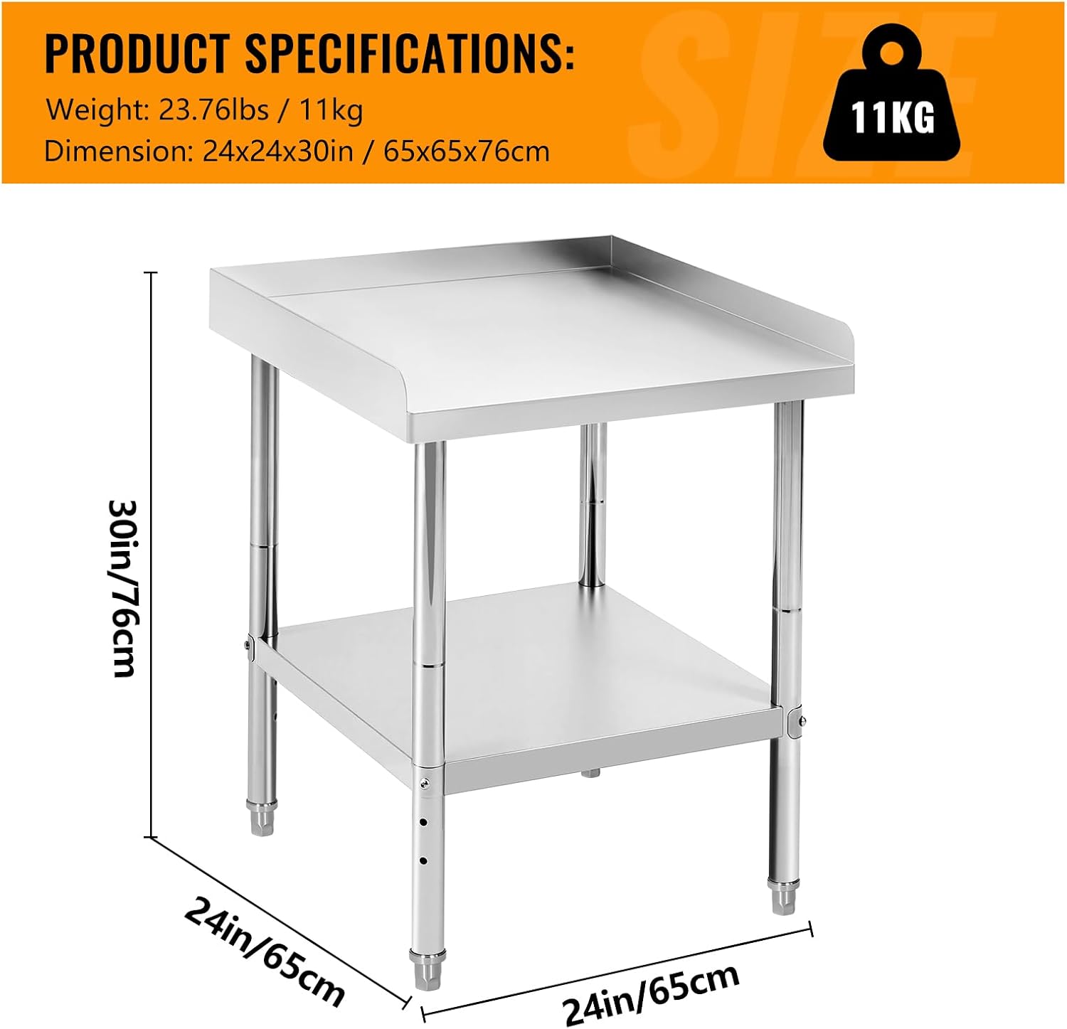 24x24x30 Inch Equipment Grill Stand Table Stainless Steel NSF Certified 400 Lbs Capacity with Adjustable Legs, 2" Edge Baffle for Hotel, Home, Commercial Restaurant Kitchen