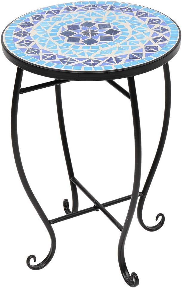 Ochine Mosaic Side Table, 14 Inch Round Side Ceramic Tile Top Indoor and Outdoor Accent Table, Round End Tables Coffee Tea Tables Nightstand for Living Room, Bedroom, Indoor Outdoor Use (Blue)
