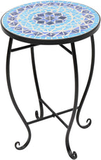 Ochine Mosaic Side Table, 14 Inch Round Side Ceramic Tile Top Indoor and Outdoor Accent Table, Round End Tables Coffee Tea Tables Nightstand for Living Room, Bedroom, Indoor Outdoor Use (Blue)