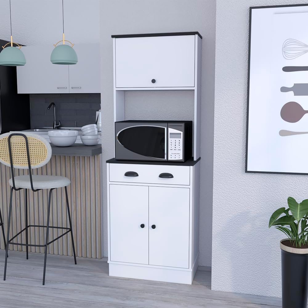 Pantry Cabinet Microwave Stand Warden Kitchen White Black | Combines white and black color scheme with engineered wood construction