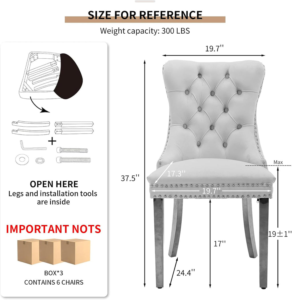 Modern Dining Chairs Set of 6, Tufted Upholstered Dining Room Chairs with Nailhead, PU Leather Front & Velvet Back, Solid Wood Legs, Kitchen Chairs, Sillas de Comedor (White & Light Blue)