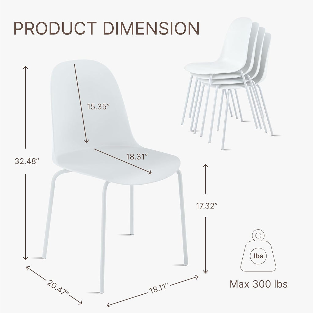 KISLOT Dining Chairs Set of 4, Plastic Outdoor Dining Room Chairs with Metal Legs, PP Anti-UV Stackable Patio Chairs with Ergonomic Back for Kitchen Swimming Pool, Easy Assembly, White
