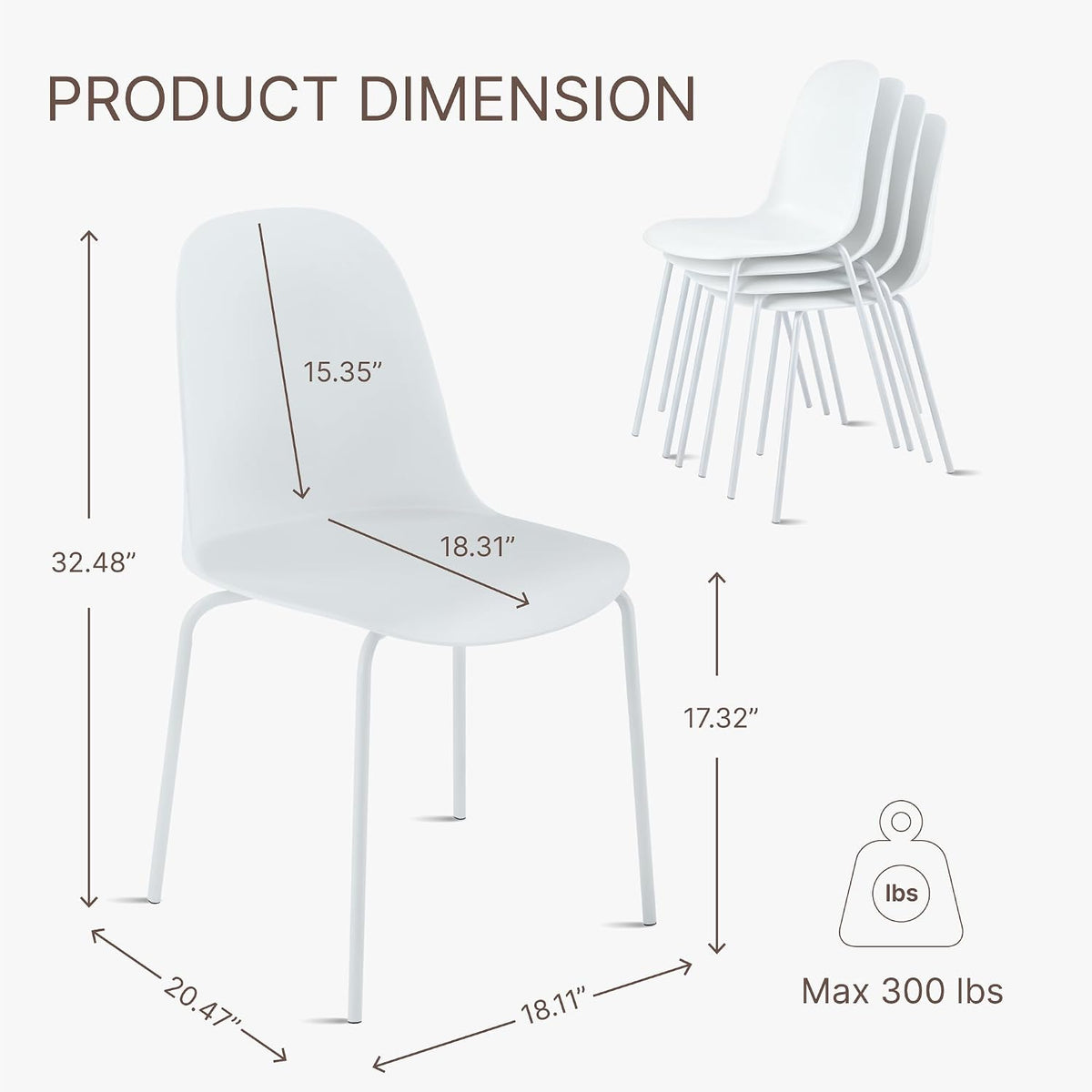 KISLOT Dining Chairs Set of 4, Plastic Outdoor Dining Room Chairs with Metal Legs, PP Anti-UV Stackable Patio Chairs with Ergonomic Back for Kitchen Swimming Pool, Easy Assembly, White