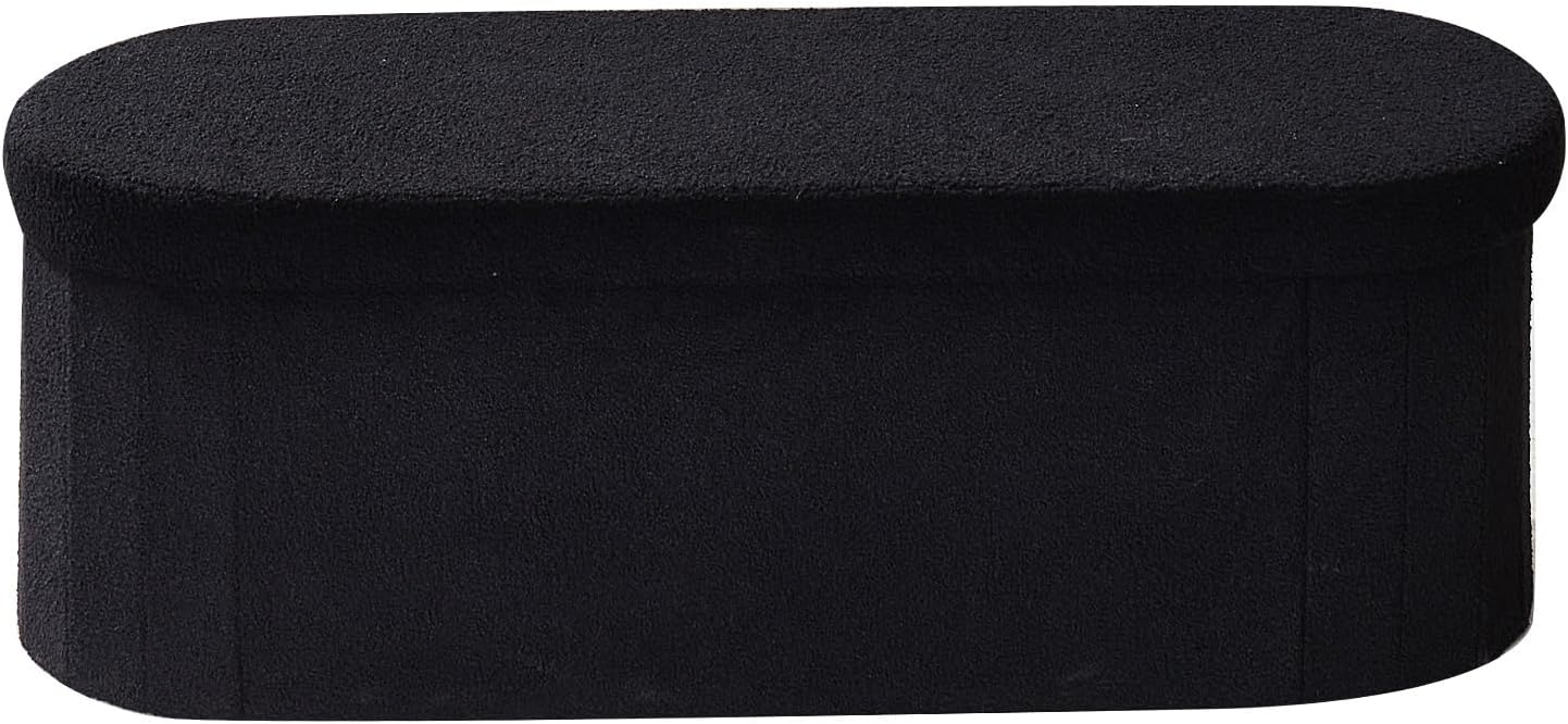 VEVOR Oval Storage Ottoman Bench, Foldable Teddy Fleece End of Bed Bench, Folding Upholstered Bed Ottoman Chest with Large Storage Space, Supports 660 lbs, for Living Room, Bedroom, Entryway, Black