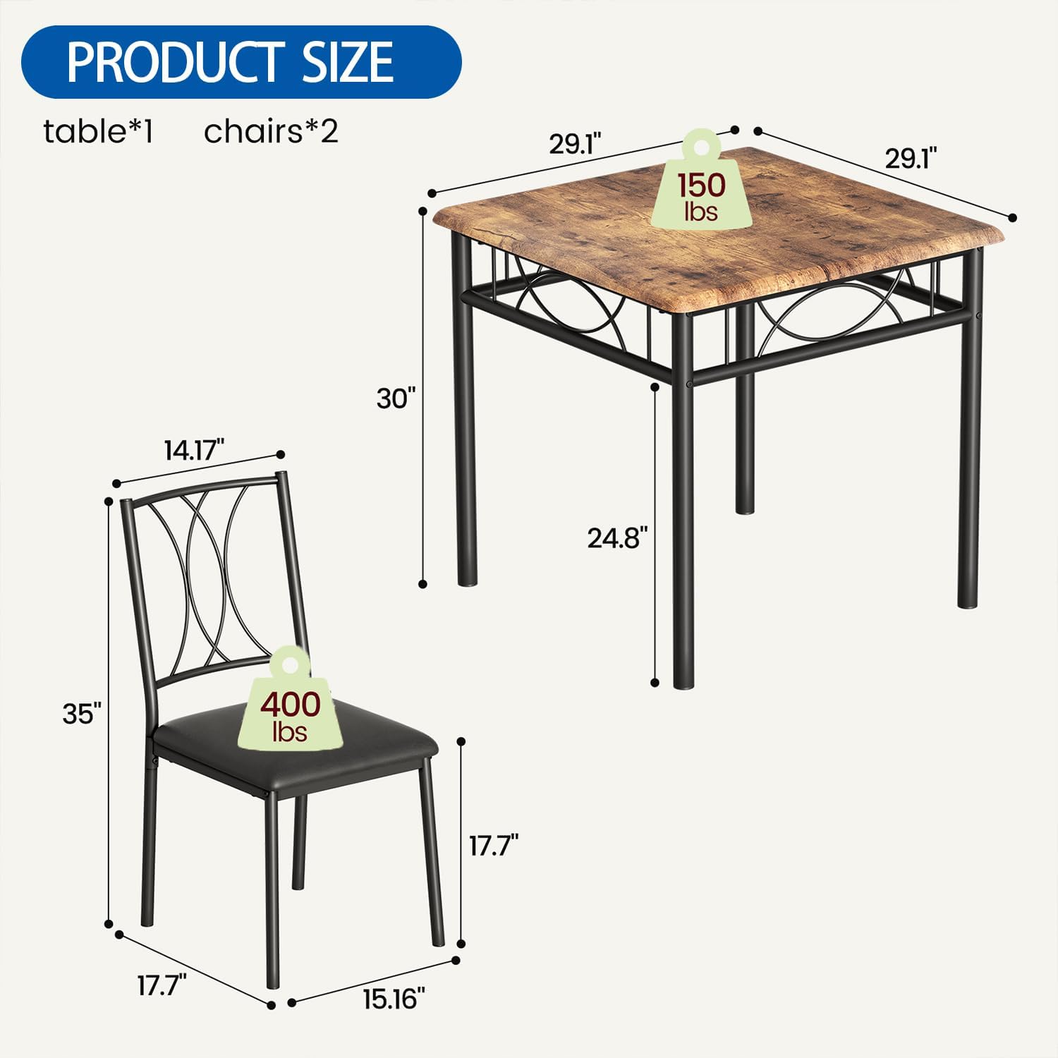 GAOMON 3-Piece Dining Table Set for 2, Square Space-Saving Kitchen Table & 2 Upholstered Chairs for 2, Compact Apartment Kitchen & Dining Room Set Furniture for Small Spaces, Rustic Brown