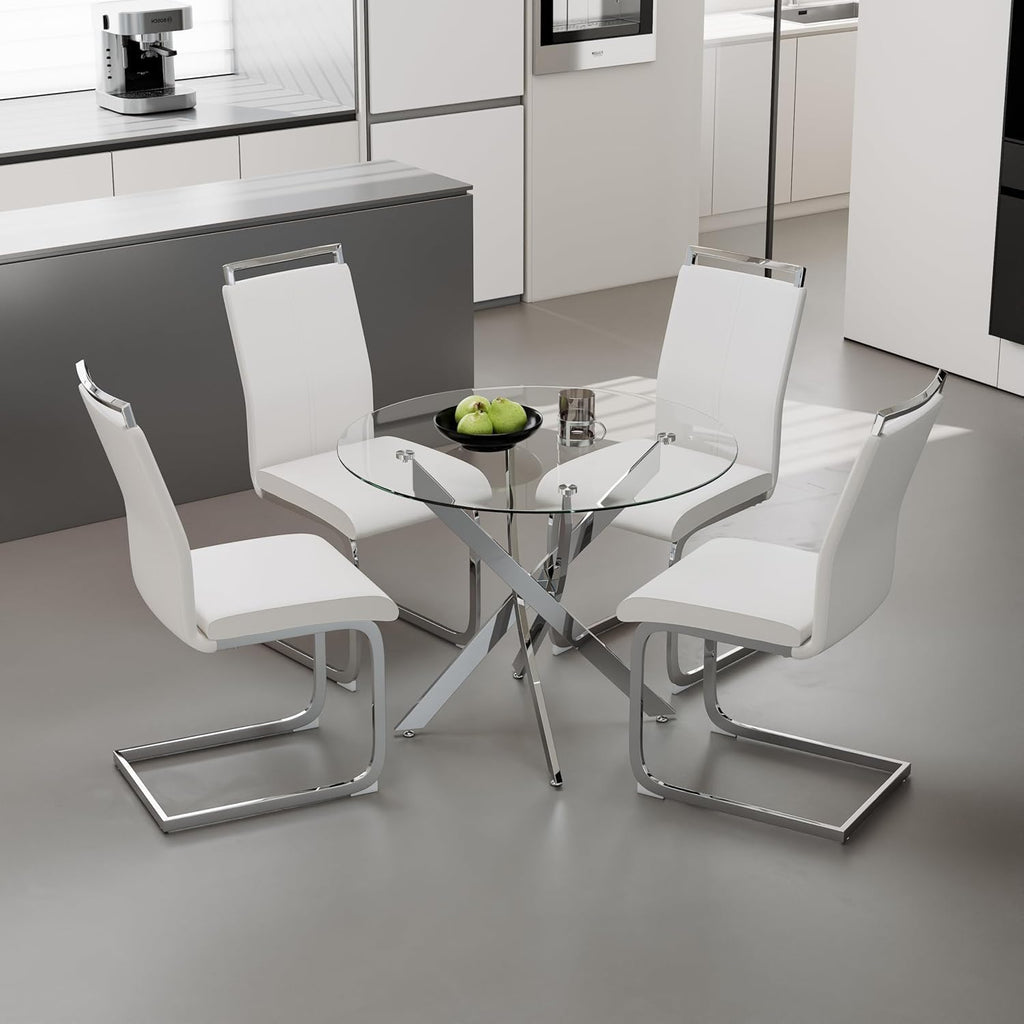 5 Piece Glass Dining Table Set for 4, Modern Tempered Glass Top Kitchen Table and Chairs Set, 4 Upholstered Chairs and Faux Leather Cushions, Space-Saving Small Apartment Dining Kitchen Set