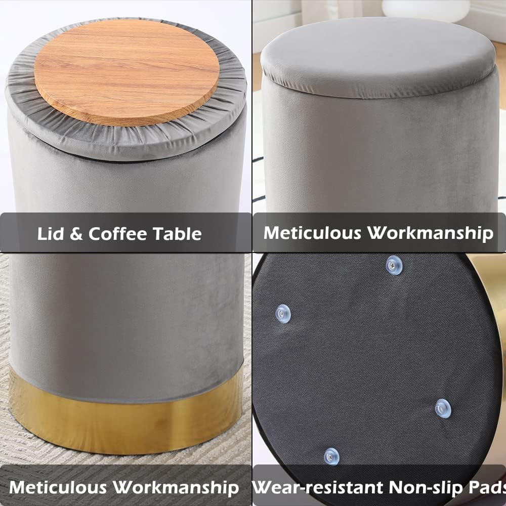 Round Ottoman Set of 2,Upholstered Footrest Stool Support 300lbs,Modern Padded Seat Foot Stool Coffee Table,Vanity Stool with Storage and Metal Legs for Living Room (Grey Velvet)