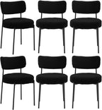 Boucle Dining Chair Set of 6, Mid Century Modern Upholstered Kitchen Chairs with Curved Backrest & Black Metal Legs, Round Dining Room Chairs, Black