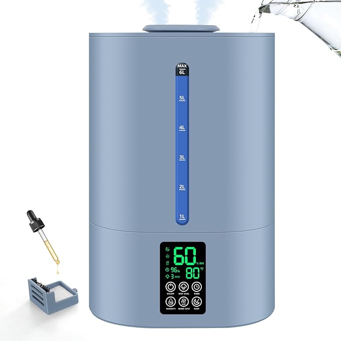 6L Humidifiers for Bedroom Large Room Home, Cool and Warm Humidifiers for Baby and Plants Mist Top Fill Desk Humidifiers Essential Oil Diffuser, Quiet with Adjustable Mist,360°Nozzle-Blue