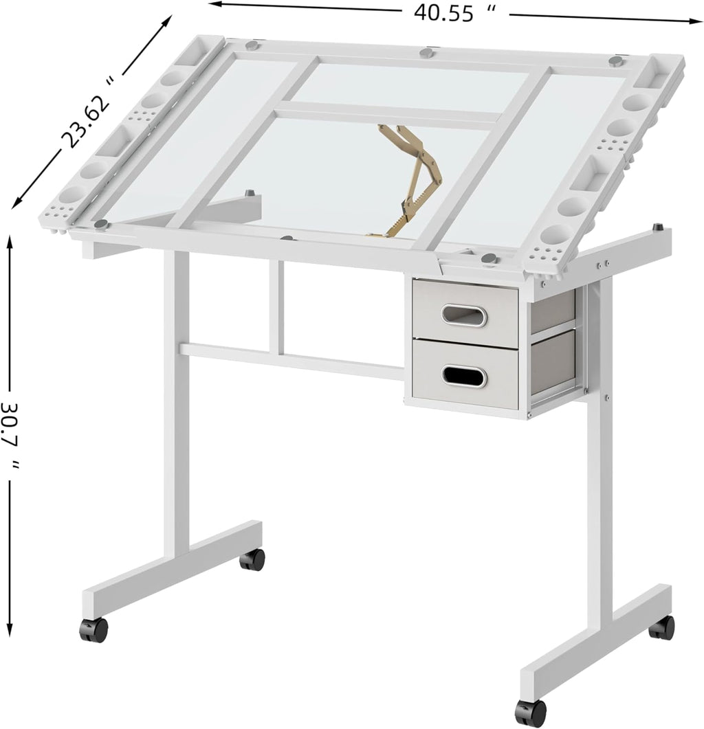 Rolling Drafting Table on Wheels, Painting Table Art Craft Desk Crafting Table with Tilting Transparent Tempered Glass Top, 2 Fabric Storage Drawers and 4 Wheels (White)