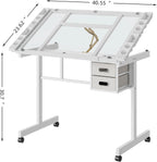 Rolling Drafting Table on Wheels, Painting Table Art Craft Desk Crafting Table with Tilting Transparent Tempered Glass Top, 2 Fabric Storage Drawers and 4 Wheels (White)