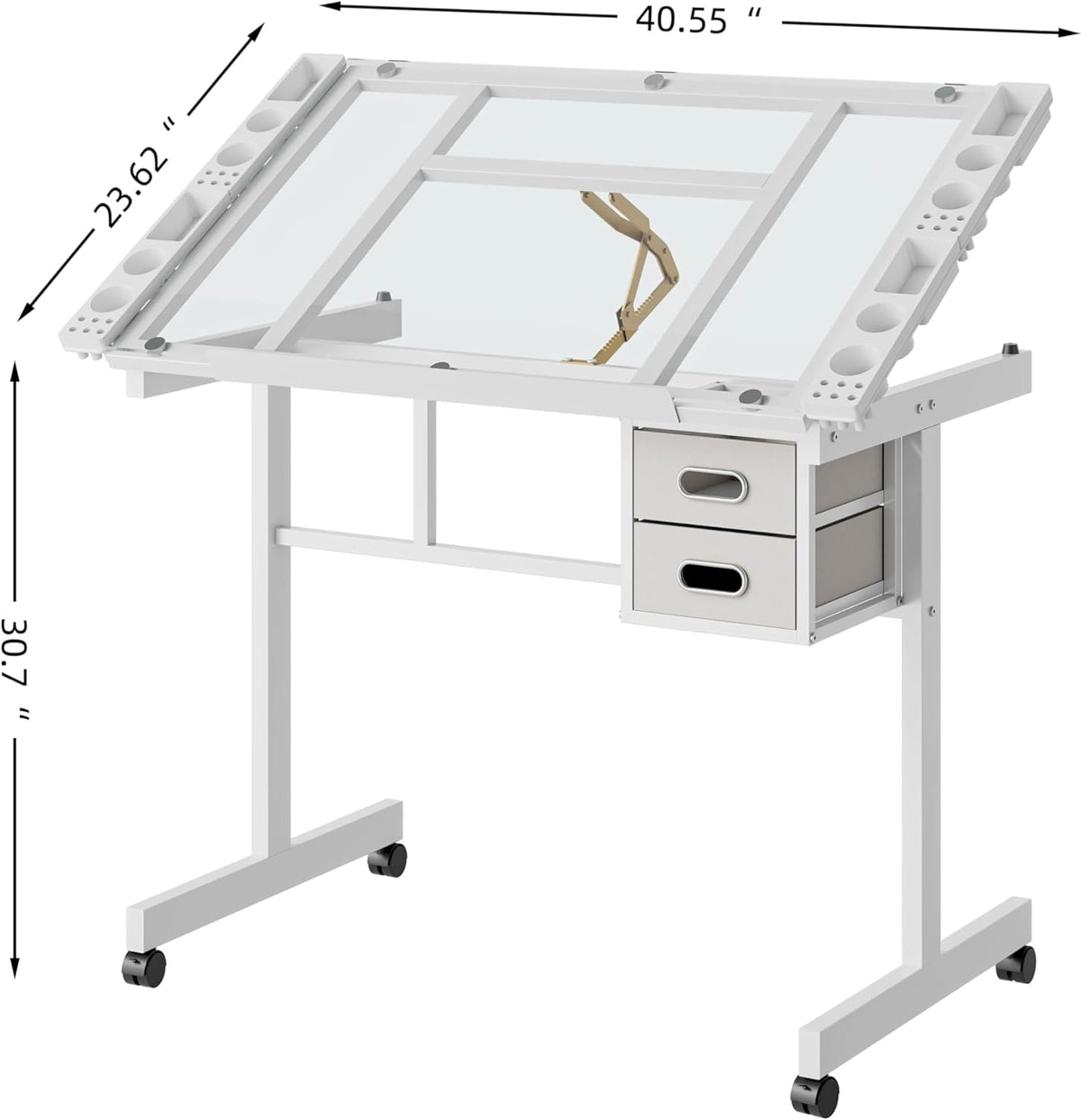 Rolling Drafting Table on Wheels, Painting Table Art Craft Desk Crafting Table with Tilting Transparent Tempered Glass Top, 2 Fabric Storage Drawers and 4 Wheels (White)