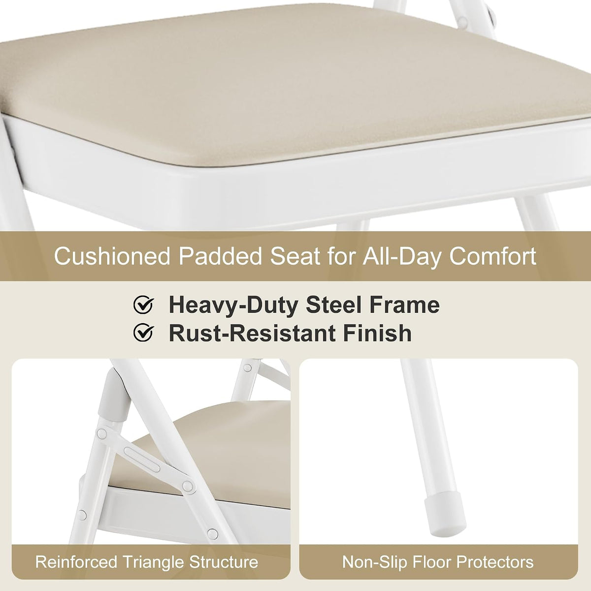 VECELO Folding Chairs Set of 2, Faux Leather Padded, Beige | Folding chairs with comfortable PU leather padded seat, Sturdy metal frame, Space saving design for office dining party