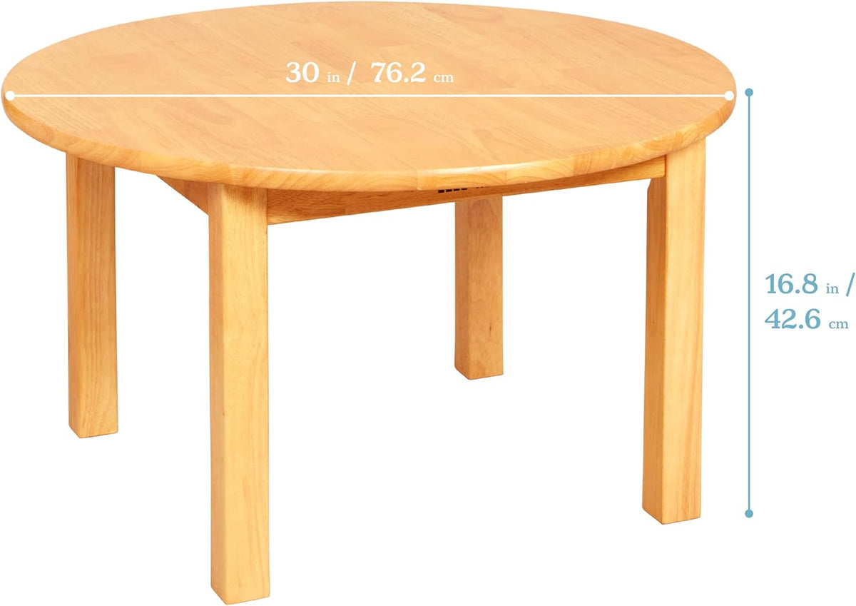 ECR4Kids 30in D Round Hardwood Table with 16in Legs and Two 8in Chairs, Kids Furniture, Honey | Durable rubberwood, GREENGUARD Gold Certified, ANSI/BIFMA Compliant, 2-3 years, 74 lb seat capacity, classroom & home use